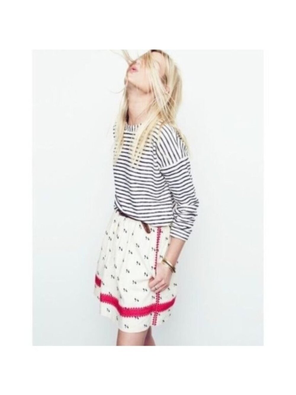 Madewell Cream Black and Pink Trim Embroidered Linen Lined Mini Skirt - …